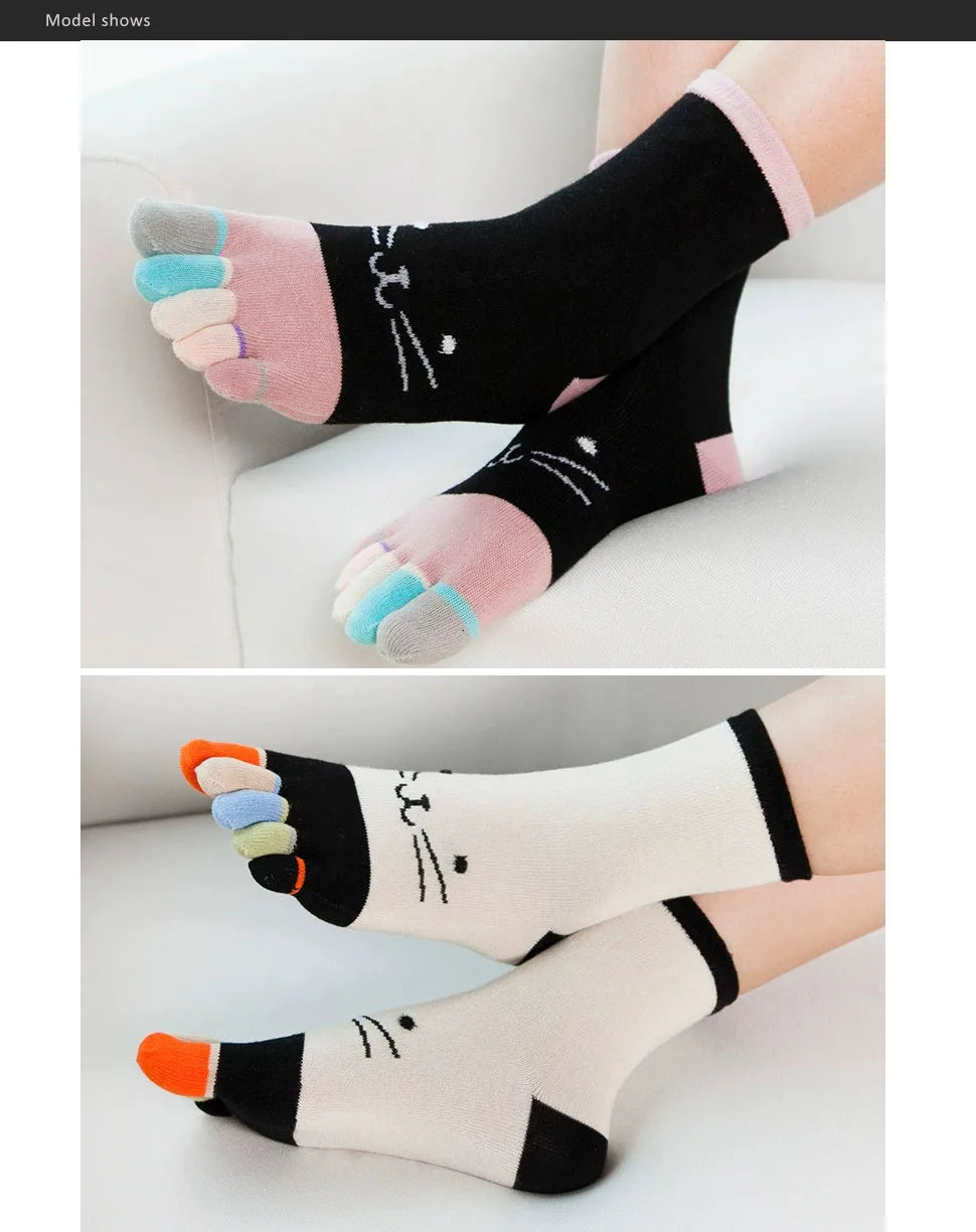 Cute Short Toe Socks Women Girl Cotton Striped Cat Love Fashion Sweat-Absorbing Anti-Bacterial Breathable Warm Five Finger Socks