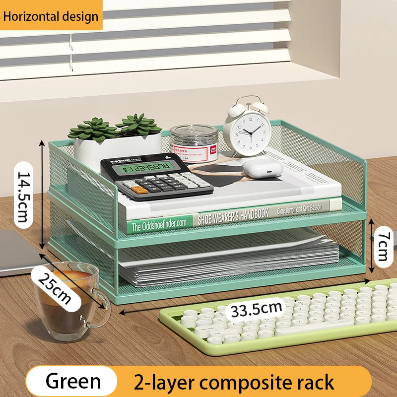 4-Tier Green Stackable Letter Tray Office Desk Organizer File Trays, Desktop Holder for Paper Letter Accessories with Pen Holder