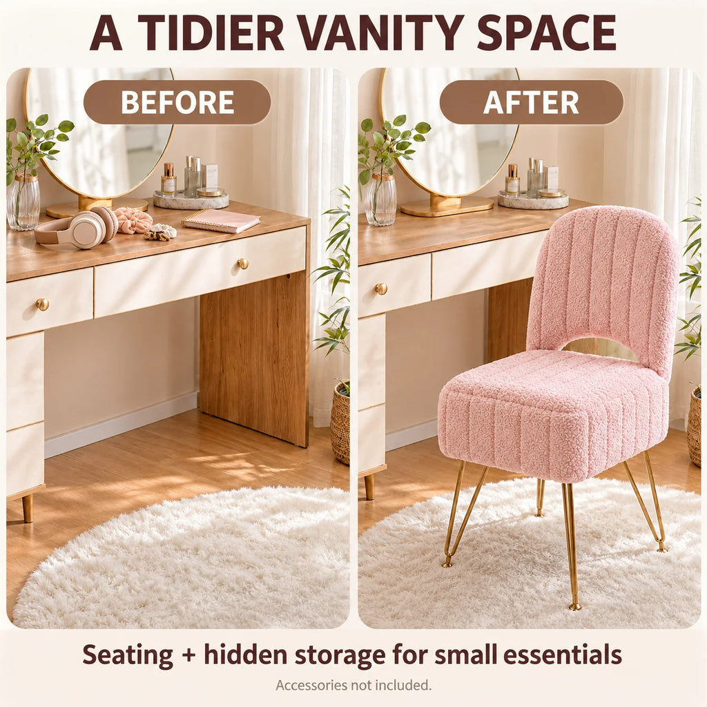 Pink Storage Vanity Chair with Adjustable Folding Backrest Memory