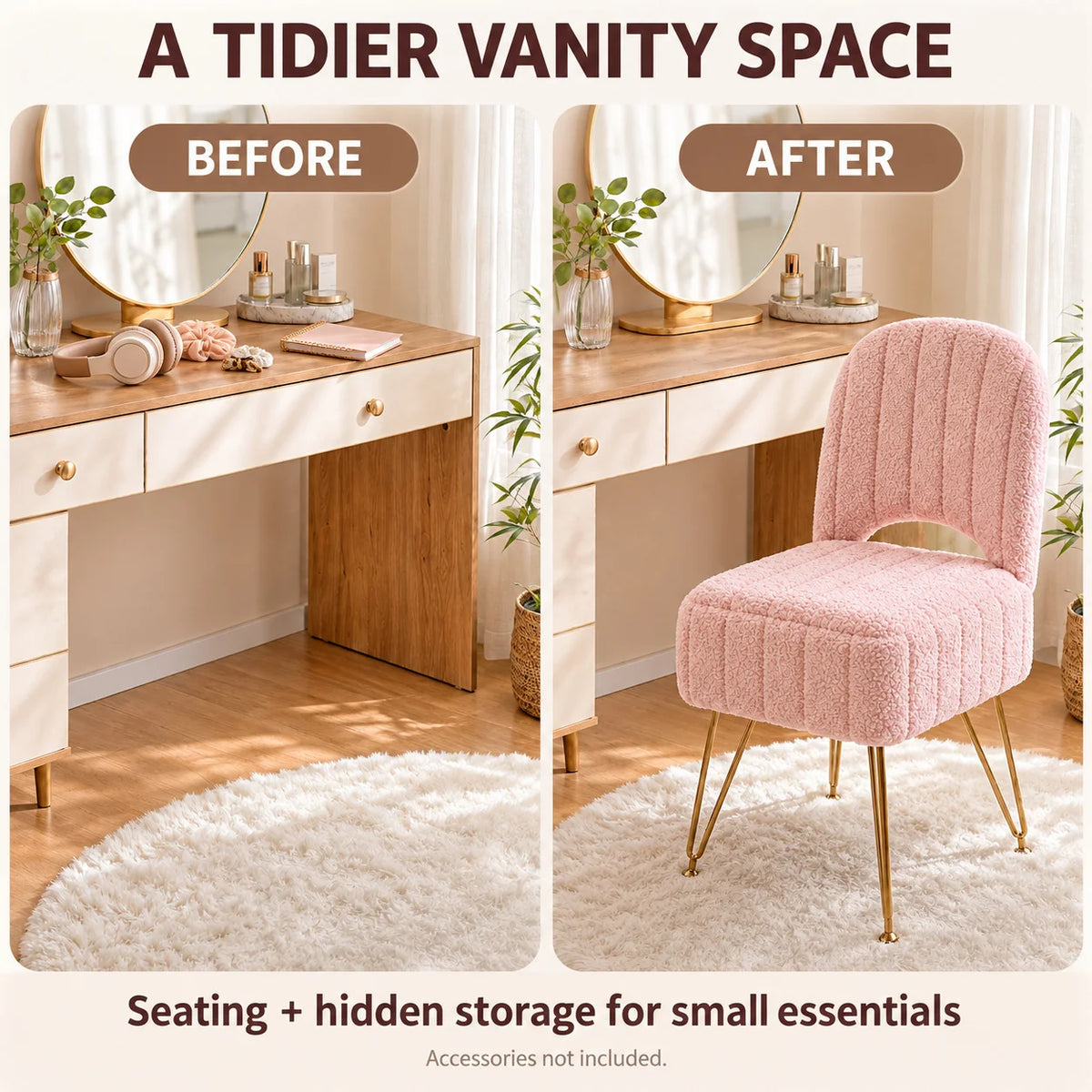 Pink Storage Vanity Chair with Adjustable Folding Backrest Memory