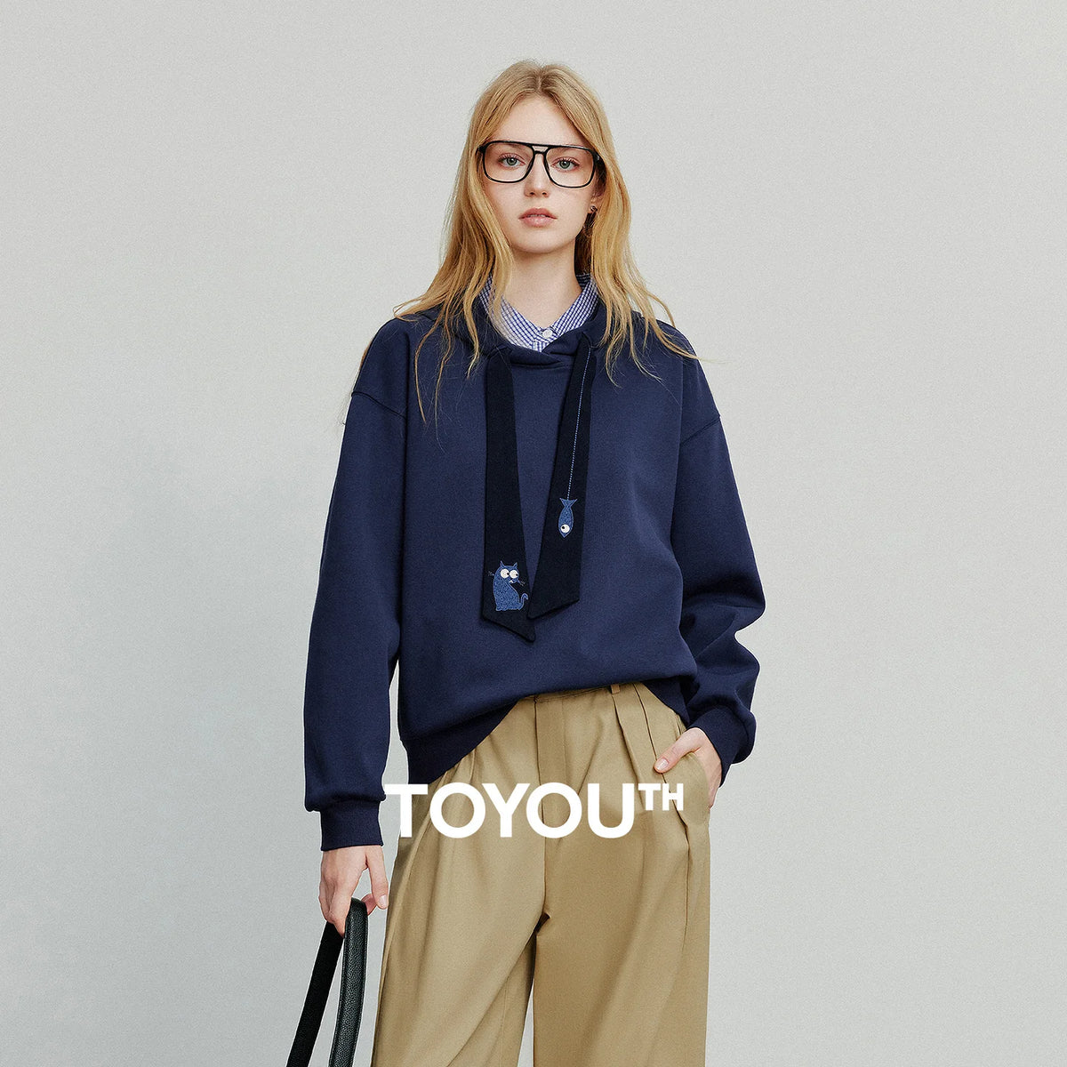 TOYOUTH Women Hoodies Sweatshirt 2025 Autumn New College Style Cat Embroidery Tie Cotton Hooded Pullover Tops