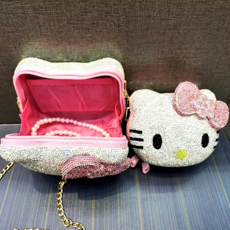 Hot Sanrio Cute Cartoon Hello Kitty Diamond Bag Fashion Girl Messenger Bag Handmade Diamond Inlaid Handbag Decor Girl Gifts