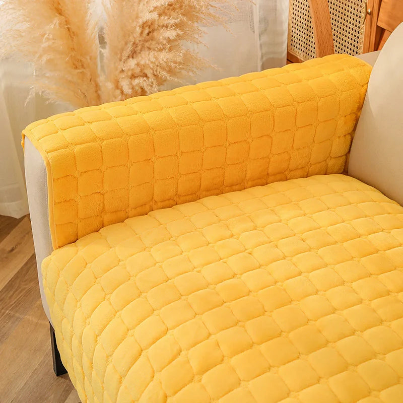 Soft Sofa Cover Thickened Solid Colour Flannel Square Quilted Sofa Cushion Warm Plush Velvet Non-Slip Universal Sofa Backrest
