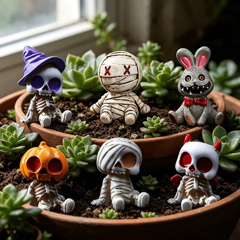 6pcs Halloween Resin Skeleton Mummy Figurines Mini Statues for DIY Micro Landscape Bonsai Car Desk Decor Gift for family