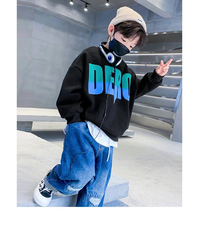 Winter Boys Warm Fleece Lined Half Turtleneck Alphabet Sweatshirt School Kids Track Pullover Coat Tops Child Work Jumper 3-16Yrs