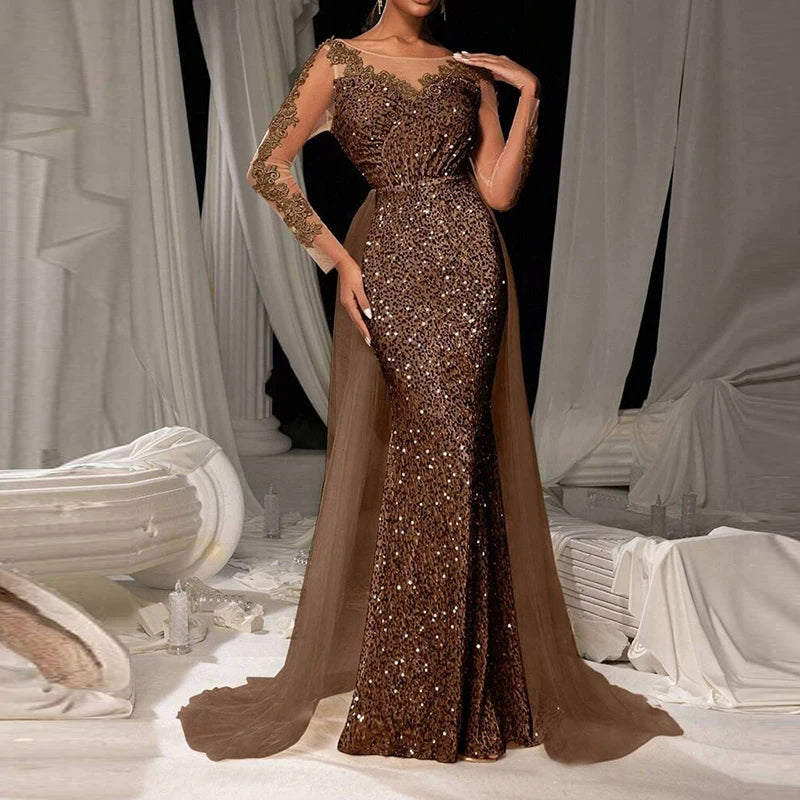 Fashion Solid Color High Waist Glitter Dress Luxury Long Sleeve Slim Dress Elegant V-neck Lace Sequin Mesh Spliced Evening Dress