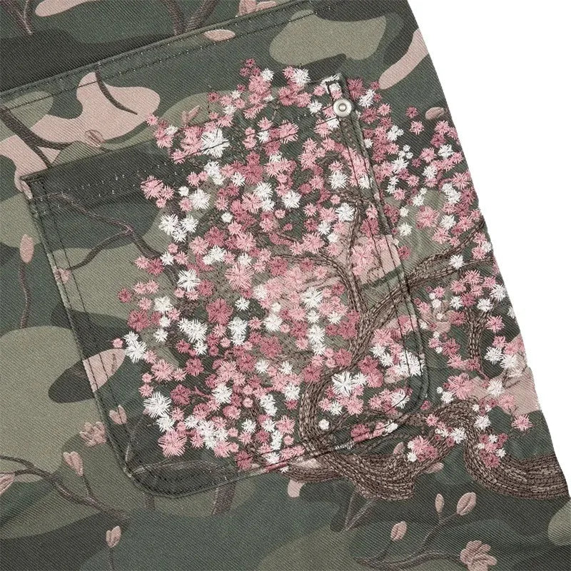 Mens Jeans Y2K Sakura Embroidery Camo Denim Pants Harajuku Unisex