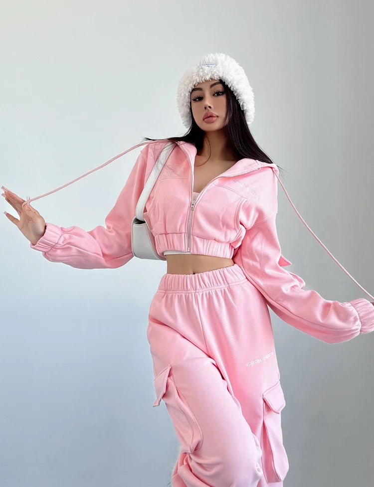WOMENGAGA Short Zipper Sweatshirt Large Pocket Wide Leg Pants Two Piece Casual Plush Set For Winter Women Fashion Sweet 2PTB