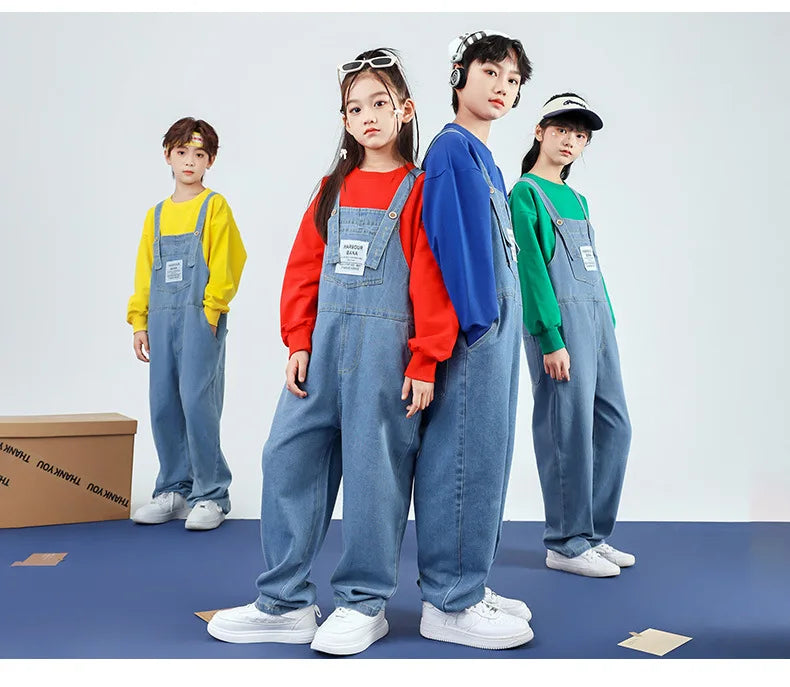 Boys Hip Hop Solid Sweatshirt Denim Loose Overalls Girls Crop Top Kids Dungaree Child Jumpsuit Street Dance Romper Streetwear