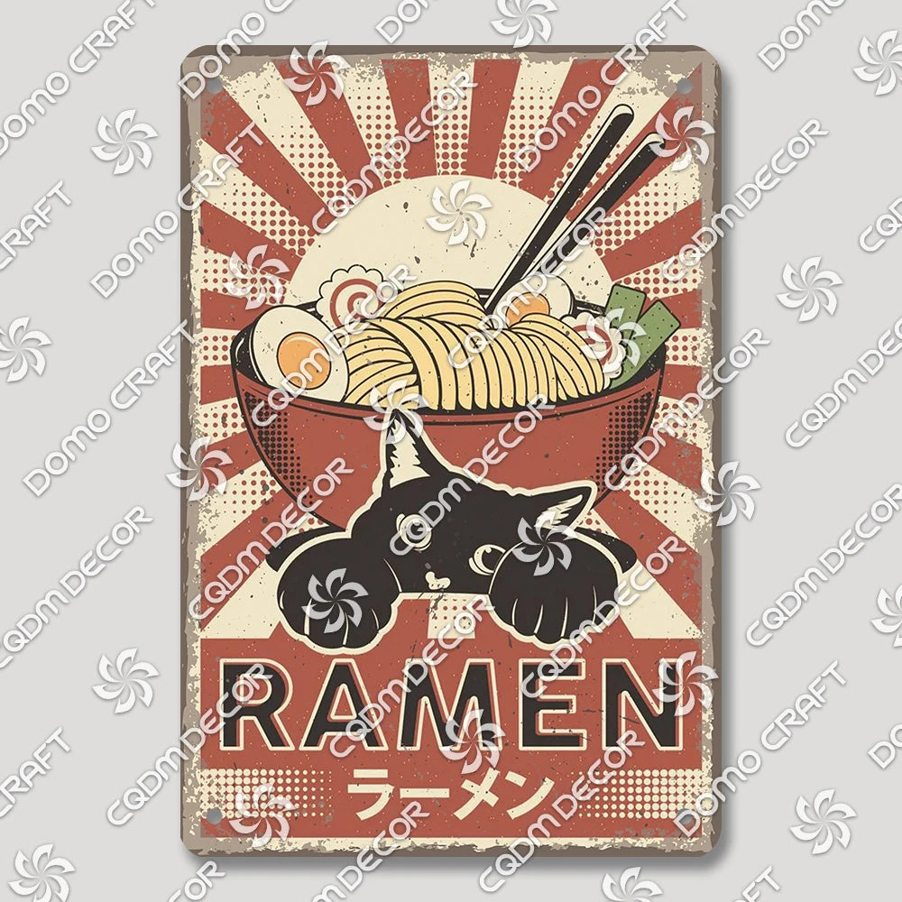 Cartoon Cat Japanese Food Plaque Tin Sign Retro Ramen Sushi Takoyaki Poster Metal Plates Bar Pub Restaurant Kitchen Wall Decor