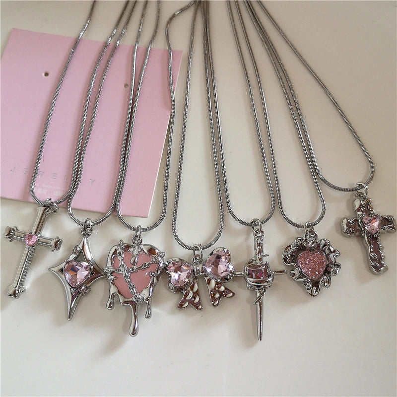 Kpop Vintage Pink Heart Bowknot Pendant Stainless Steel Snake