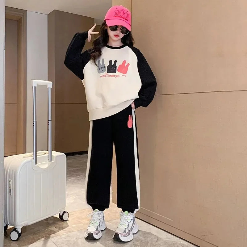 Girls Cotton Contrast Cartoon Alphabet Loose Sweatshirt+Sweatpant School Kids Tracksuit Child Jogger Outfit Workout Sets 5-16Yrs