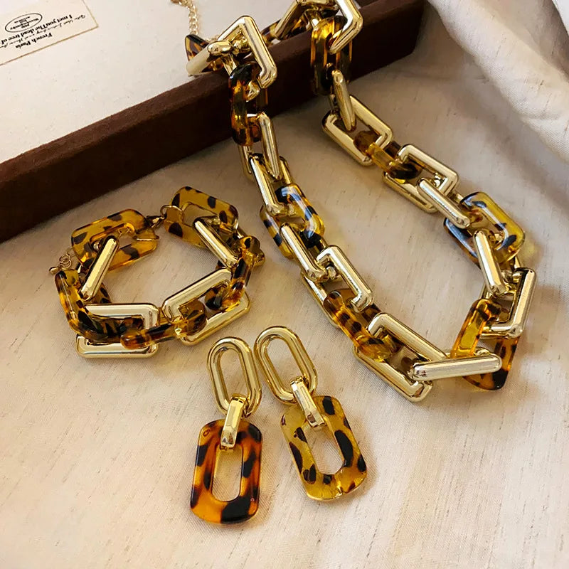 Europe and America Leopard Print Necklace Drop Earrings Bracelet