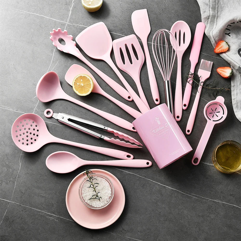 15pcs Khaki Food Grade Silicone Kitchen Cookware Utensils Turner