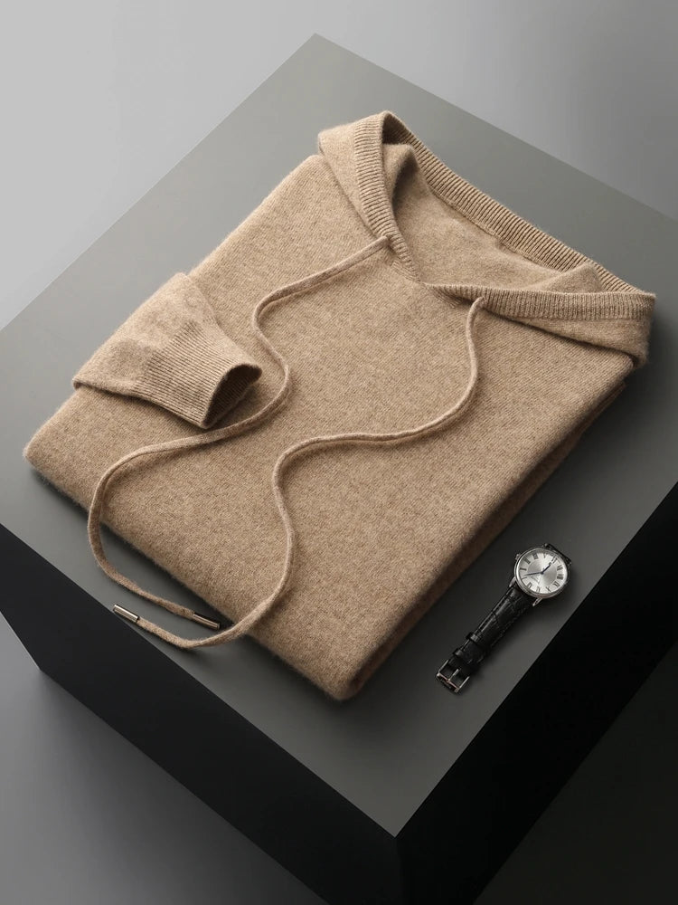 MVLYFLRT Men's 100% Merino Wool Sweater Hooded Collar Knitted Pullover Sweatshirt Autumn Winter Casual Large Tops Long Sleeved