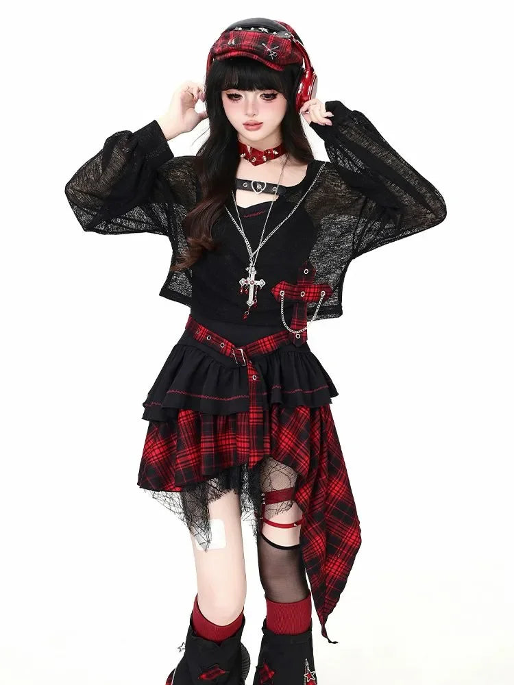 Gothic Y2K Punk Cami Dress Set Women Sheer Mesh Top High Waist