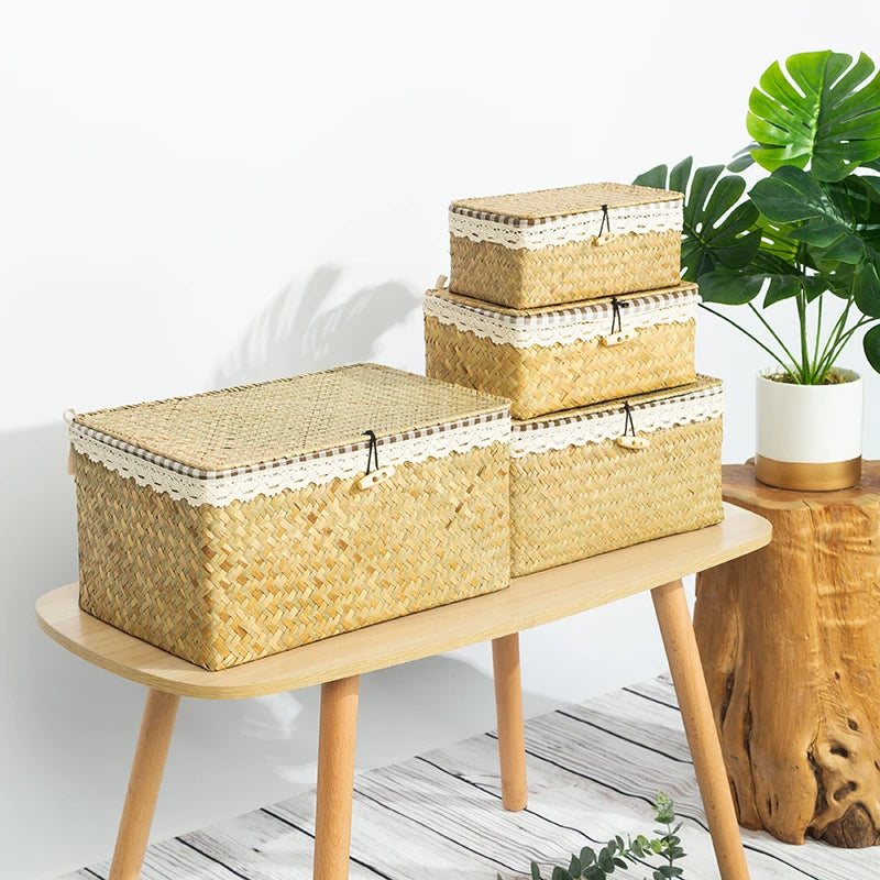 Wicker Basket with Lids Nautral Seagrass Storage Box Basket Woven Rectangular Bins Container Rattan Storage Kitchen Organizer