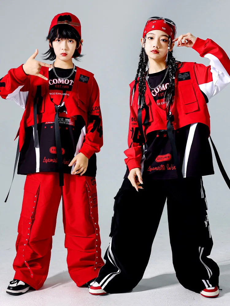 Boys Hip Hop Cool Sweatshirt Vest Cargo Pants Girls Fashion Jazz Street Dance Costume Children Clothes Set Kids K-pop Streetwear