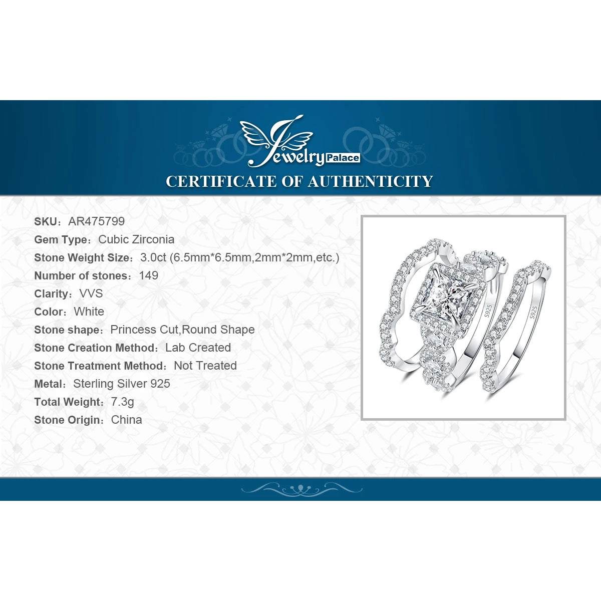 3-Pc 925 Sterling Silver Halo CZ Ring Set