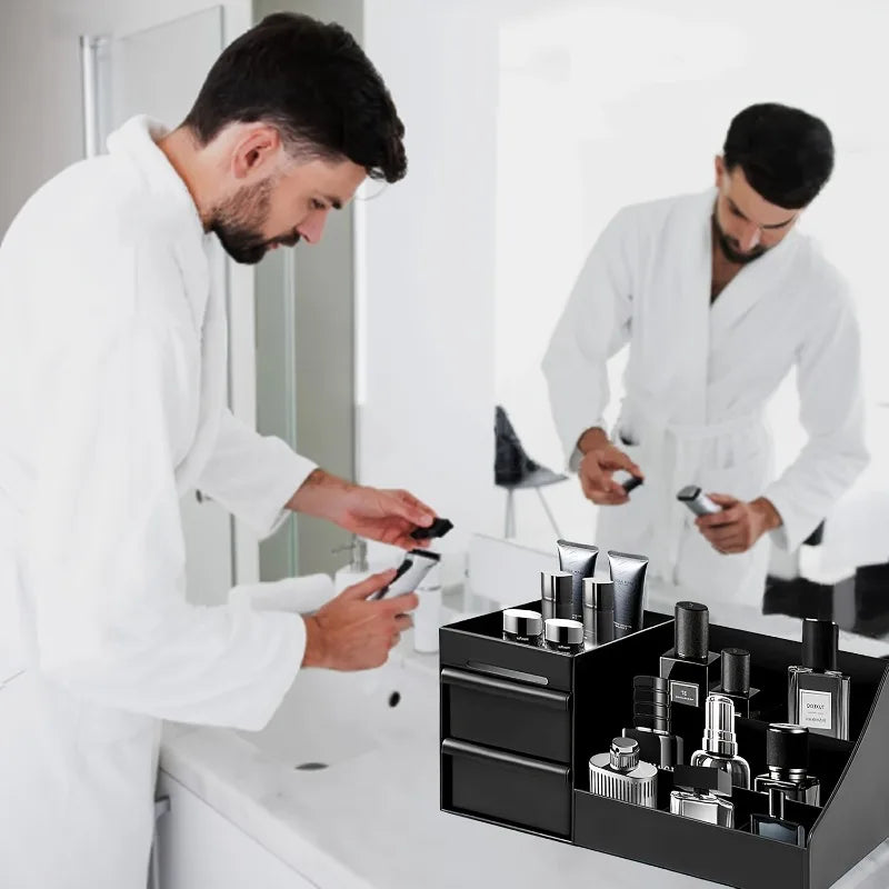 Men's Perfume & Cologne Organizer with Drawers - Countertop Cosmetic Storage Box Suitable for Skincare, Toiletries