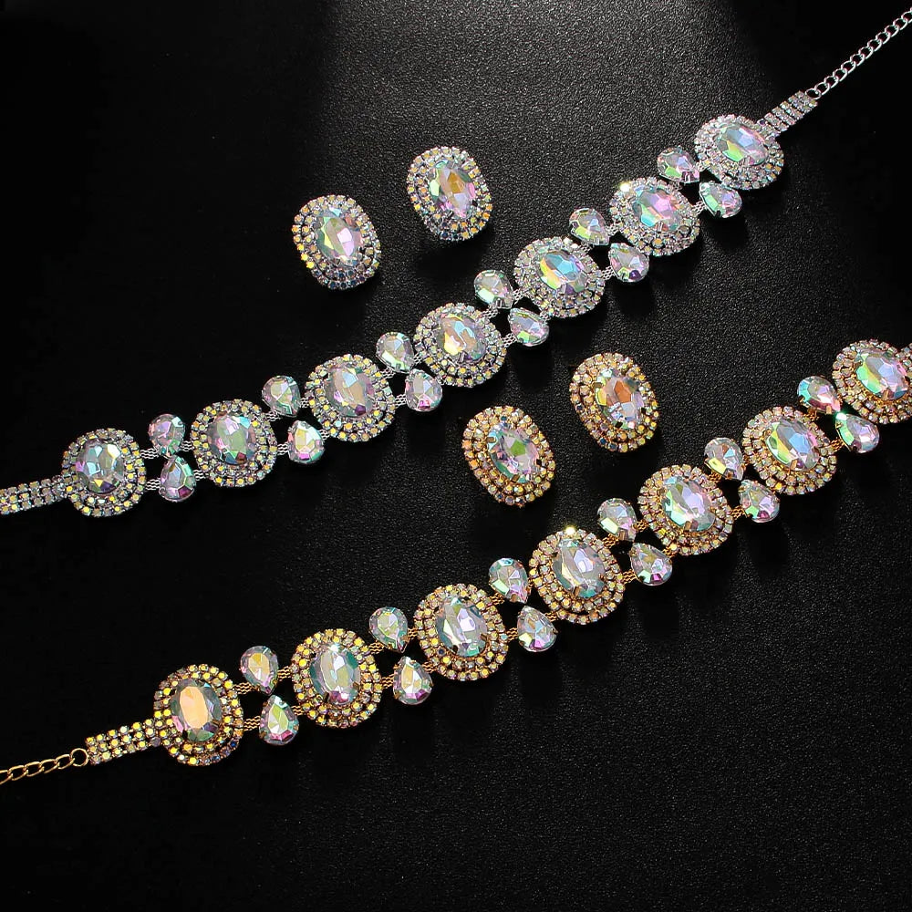 Elegant Boho Round Crystal Jewelry Set Piercing Wedding Gift for Bridal Bling Geometric Rhinestone Necklace Earring Set Party