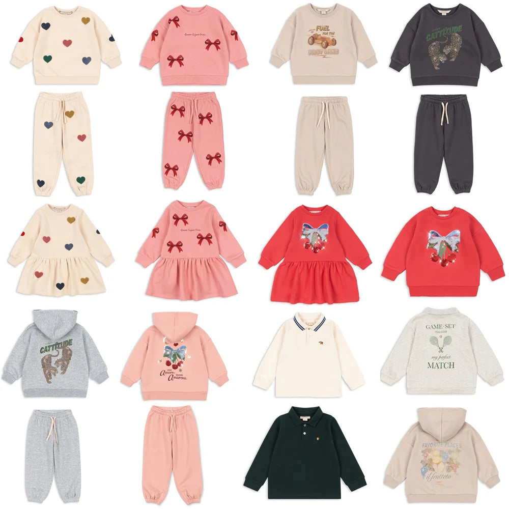 Kids Sweatshirt and Pant Set 2025 Autumn Heart Cherry Print Girls Dress Long Sleeve Boy Hooded Hoodies Pullover Casual Trousers