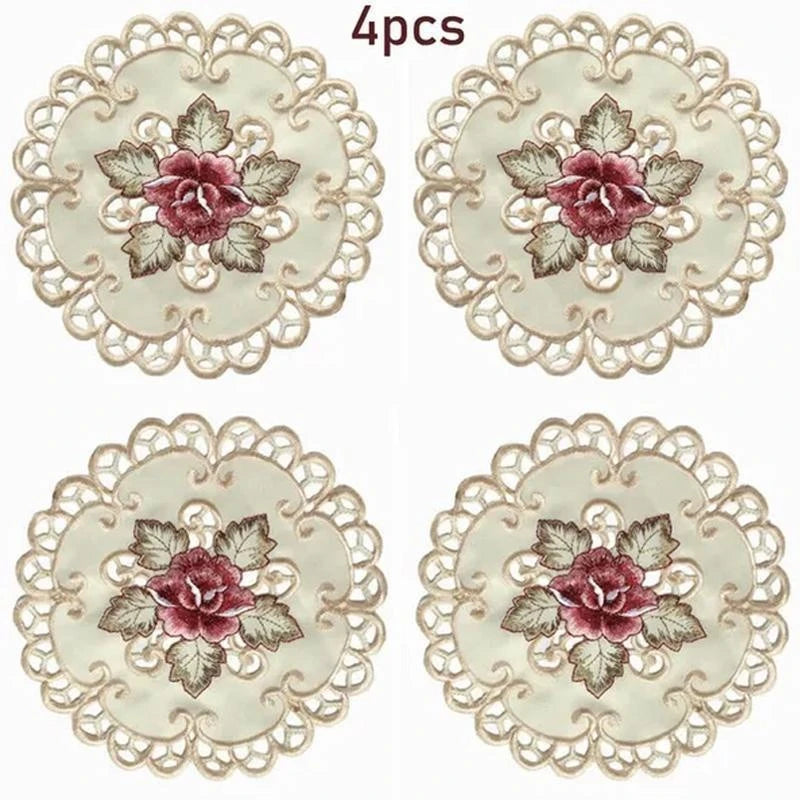 4pcs Round Embroidered Flower Dining Table Placemat Coasters Home Party Wedding Cover