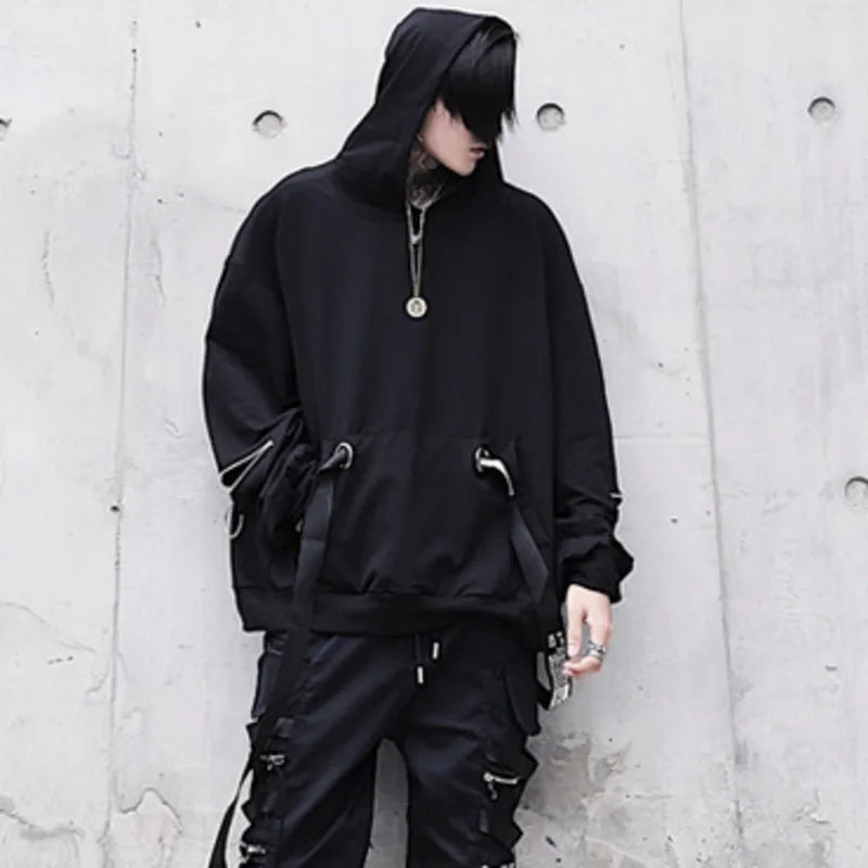 HKSH Spring Autumn New Outfit China-Chic Dark Ribbon Zipper Men Tide Dark Hooded Sweatshirt Original Punk Ins Cargo Pants HK0531