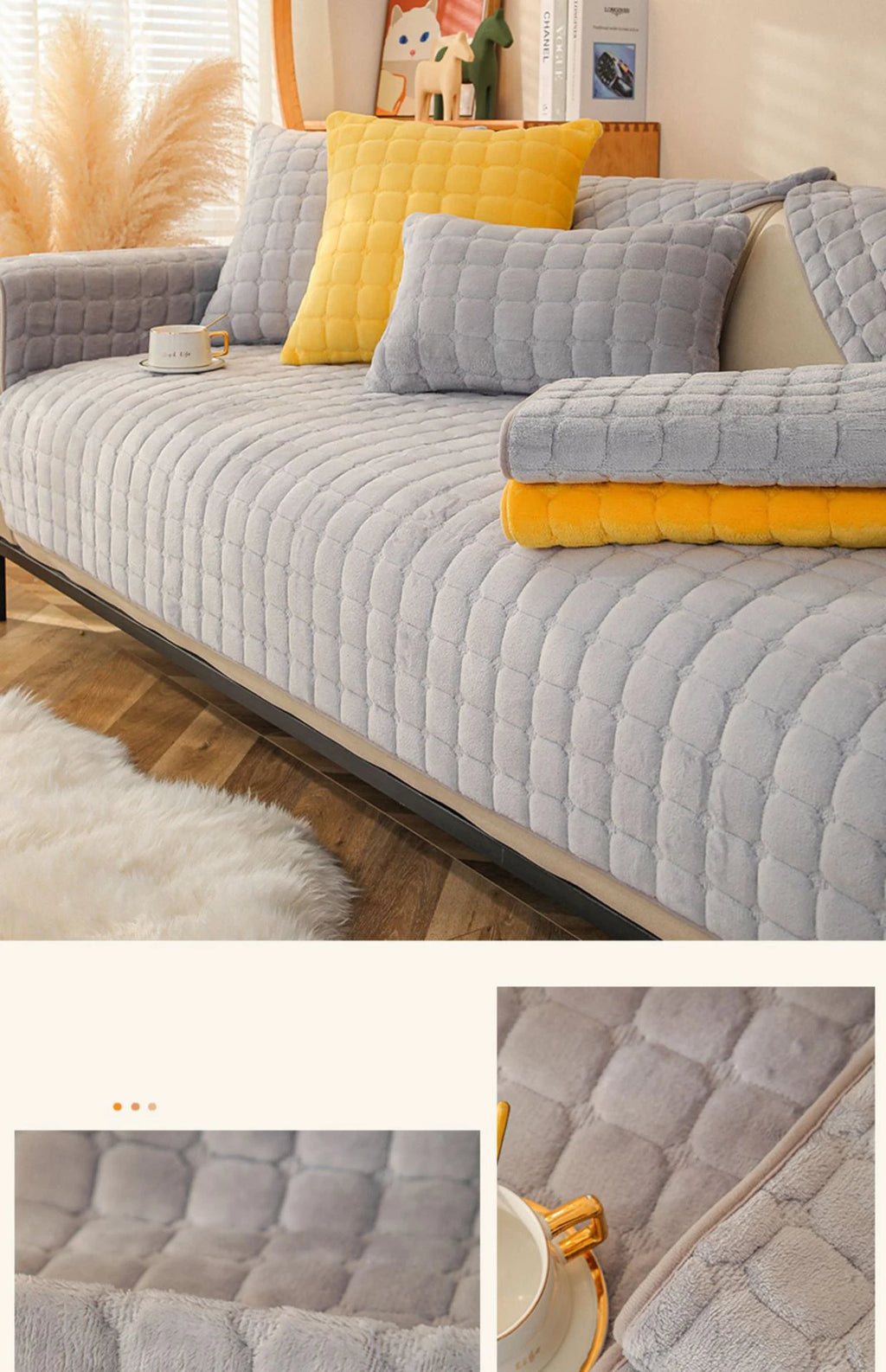 Soft Sofa Cover Thickened Solid Colour Flannel Square Quilted Sofa Cushion Warm Plush Velvet Non-Slip Universal Sofa Backrest