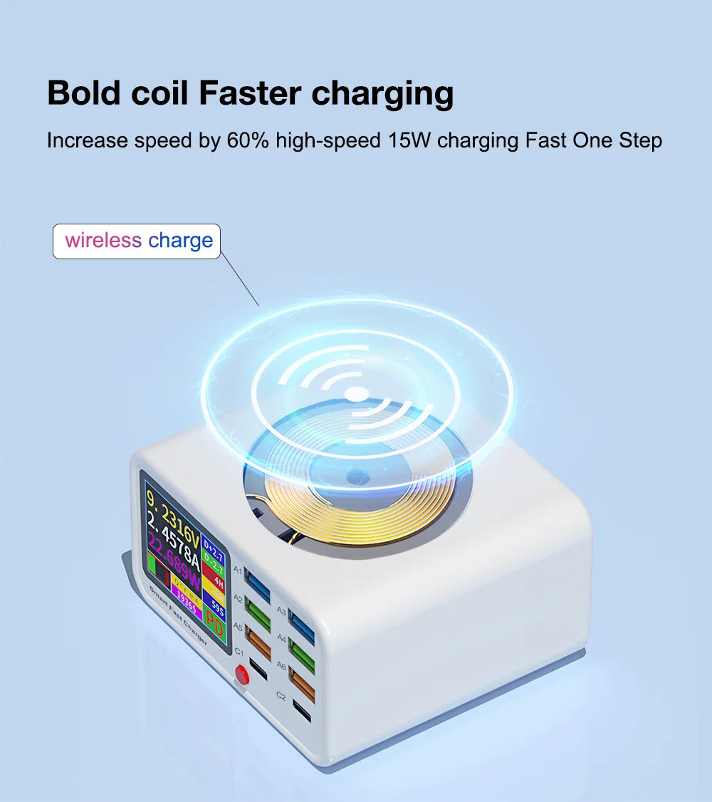 Unew Multifunction USB C Fast Charger 8 Port Desktop Charger Type C PD3.0 PPS QC3.0 15W Fast Wireless Charger for MacBook Phone