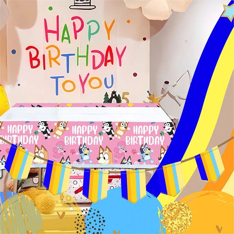 Bluey Pink Themed Cartoon Tablecloth  Bingo Dog Birthday Anime Celebration for Baby Shower Party Supplies Decoration Accessories