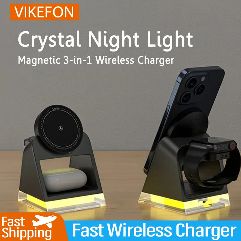 3 in 1 LED Light Magnetic Wireless Charger for iPhone 15 14 13 12 Pro Max iWatch 8 7 Airprods Pro Fast Wireless Charging Station