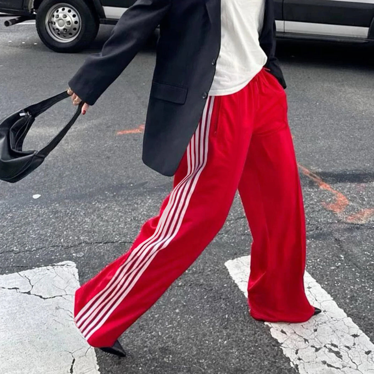 Women Spring Auutmn Striped Track Pants Elastic Waist Straight Leg Sweatpants Joggers Wide Leg Pants with Pockets Sweatpants