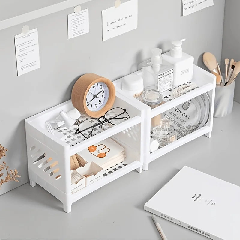 Office Desk Organizer, Double Layer Desktop Storage Rack for Stationery Supplies, Multifunctional Space Saving PP Material