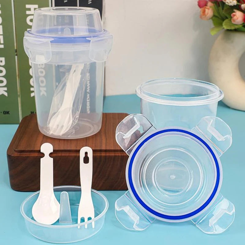 Breakfast Fruit Oat Yogurt Salad Cup With Lid And Spoon Fork Two-layers Food Storage Bento Box Fitness Fat-Reduced Taper Bowl