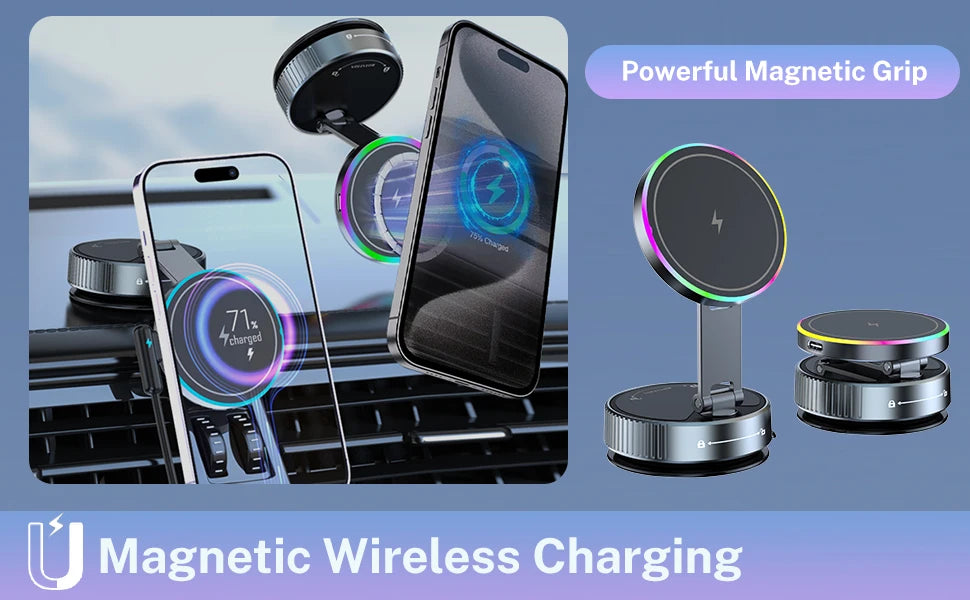 Cooling Wireless Charger Car Phone Holder with Breathing RGB Light Magnetic Suction Cellphone Bracket  for iPhone 12/13/14/15/16