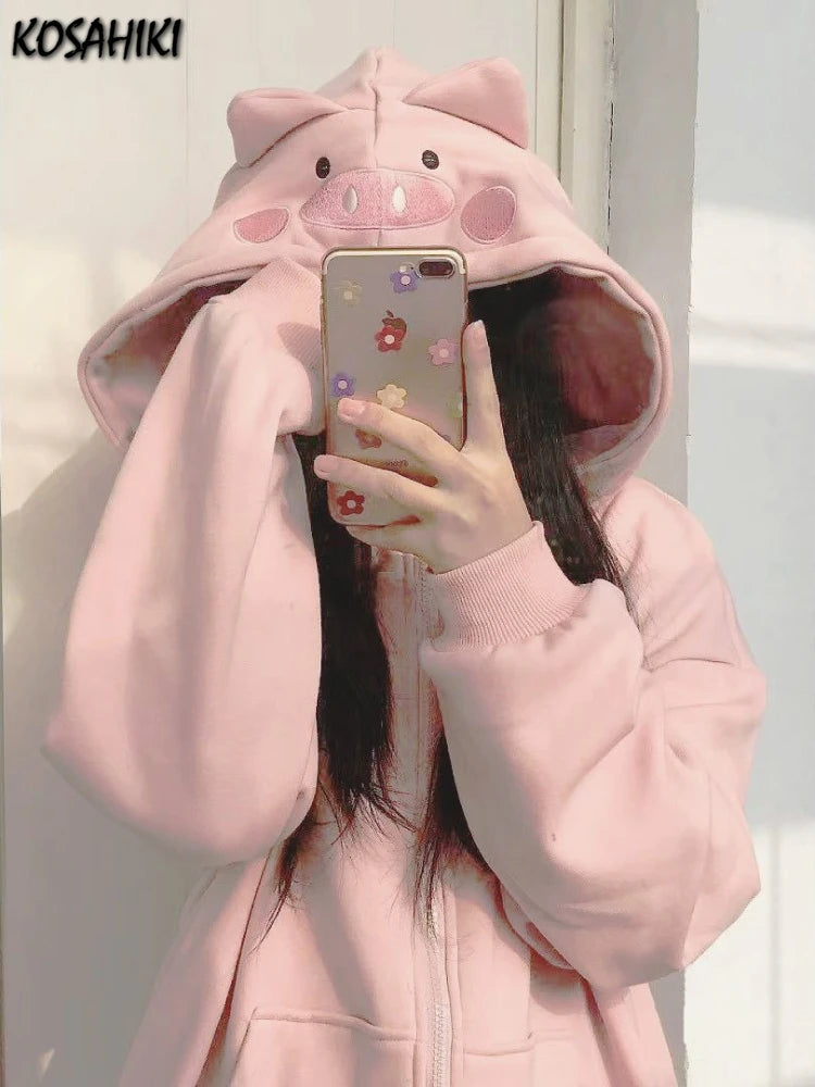 Sweet Pink Piggy Letter Embroidery Hoodies Women Loose Y2k Kawaii Cute Preppy Sweatshirts Fashion Pocket Casual Aesthetic Hoodie
