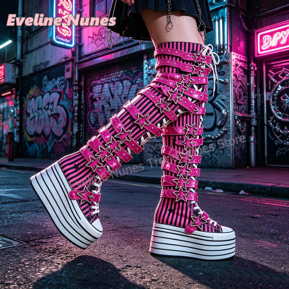 Y2K Gothic Women Vertical Stripe Over the Knee Boots Round Toe