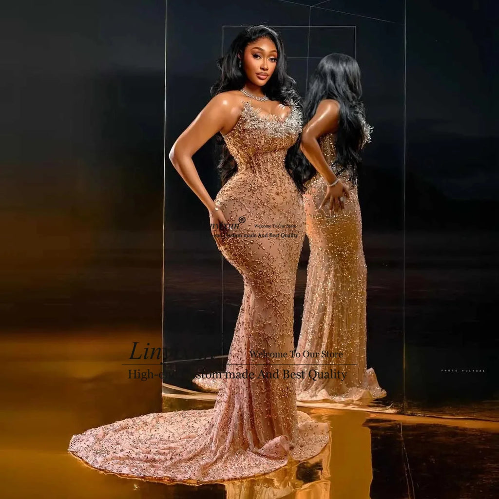 Luxury Crystals Beaded Mermaid Prom Dress Customized Aso Ebi 3D Floars Evening Party Gown African Dubai Long Robe De Soire