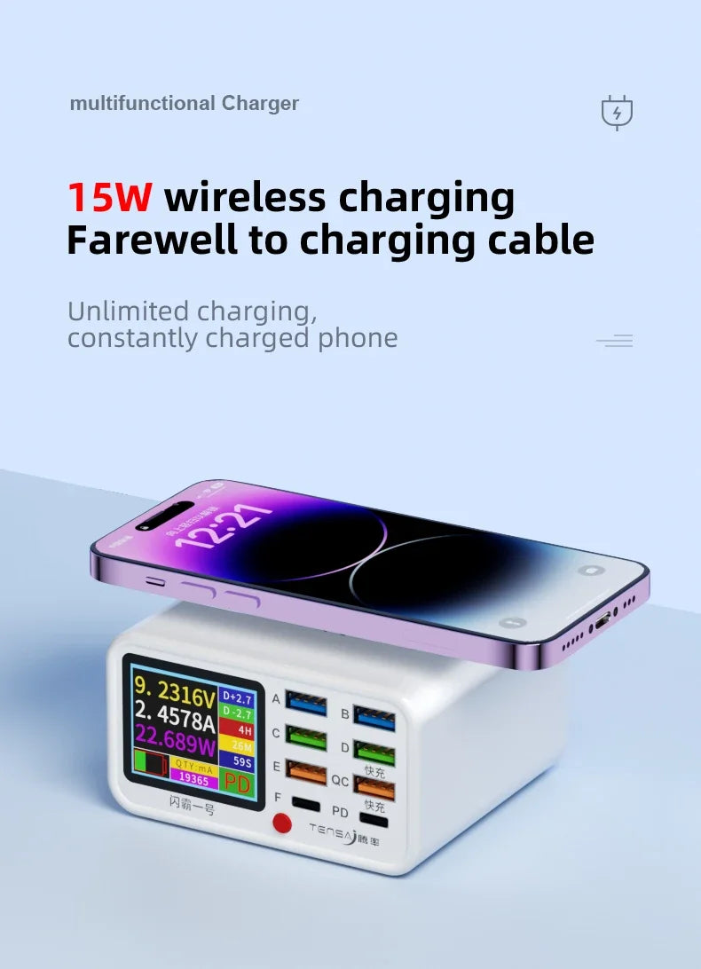 Multi-function Dianba NO.1 Pro 200W 20V 5A PD QC3.0 Fast Wireless Charger 8 Port USB Type C Mobile Phone Charger Desktop Hub