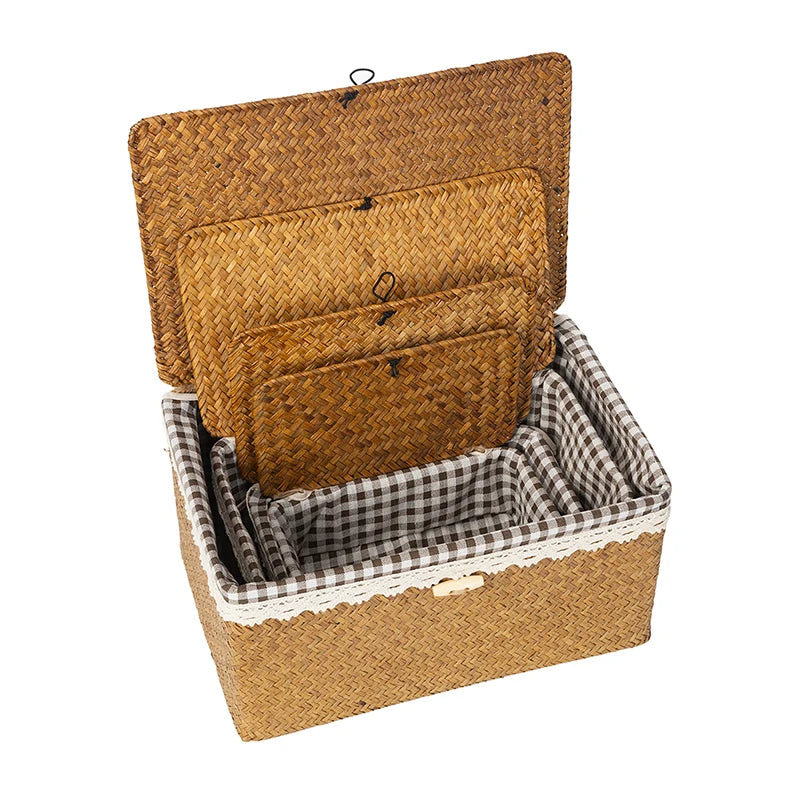 Wicker Basket with Lids Nautral Seagrass Storage Box Basket Woven Rectangular Bins Container Rattan Storage Kitchen Organizer