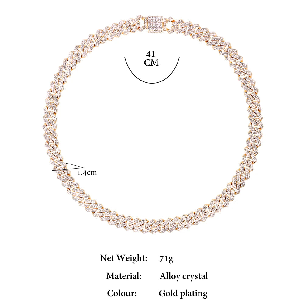 14mm Iced Out  Prong Cuban Link Chain Necklace for Men Women 2 Row Rhinestone Paved Miami Rhombus Hip Hop Jewelry Wholesale