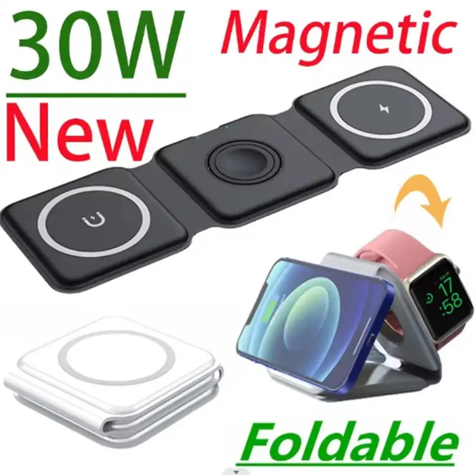 3 in 1 Magnetic Wireless Charger Portable Fast Charging Dock Station Foldable Stand Trip Charger For iPhone Apple Watch AirPods