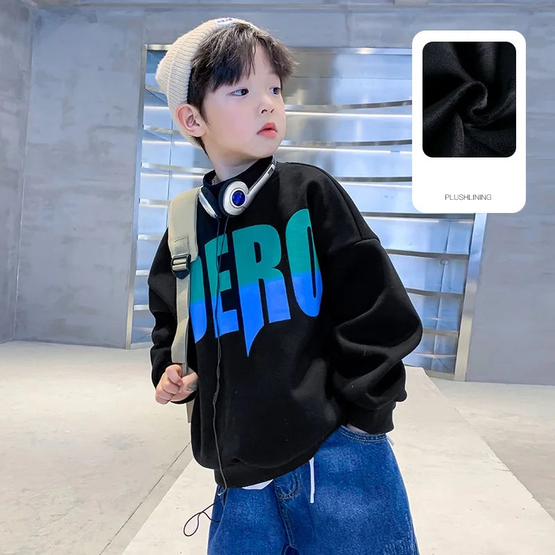 Winter Boys Warm Fleece Lined Half Turtleneck Alphabet Sweatshirt School Kids Track Pullover Coat Tops Child Work Jumper 3-16Yrs