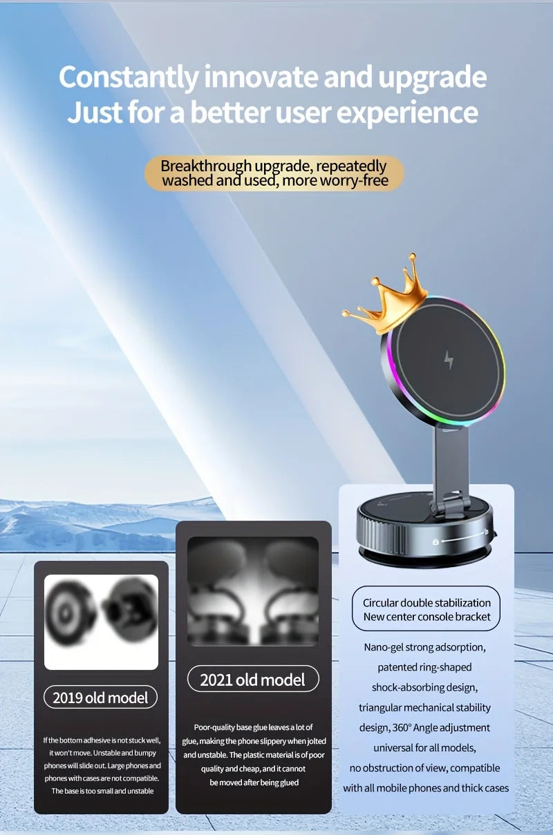 Magnetic Car Wireless Charger RGB Light Phone Holder Stand 360° Rotate Vacuum Suction Cup For Magsafe iPhone 12-16 Fast Charging