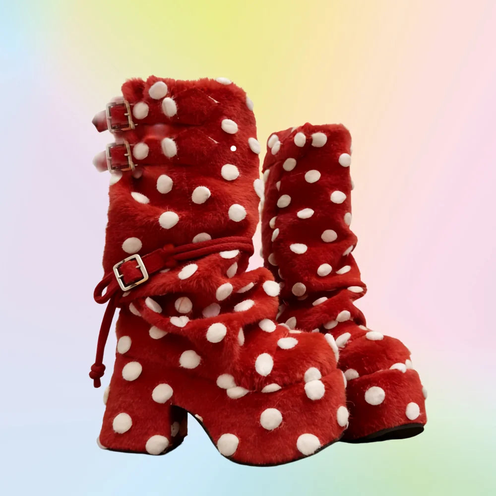 Red Side Belt Pleated Round Toe Boots Round Shape Decor Women