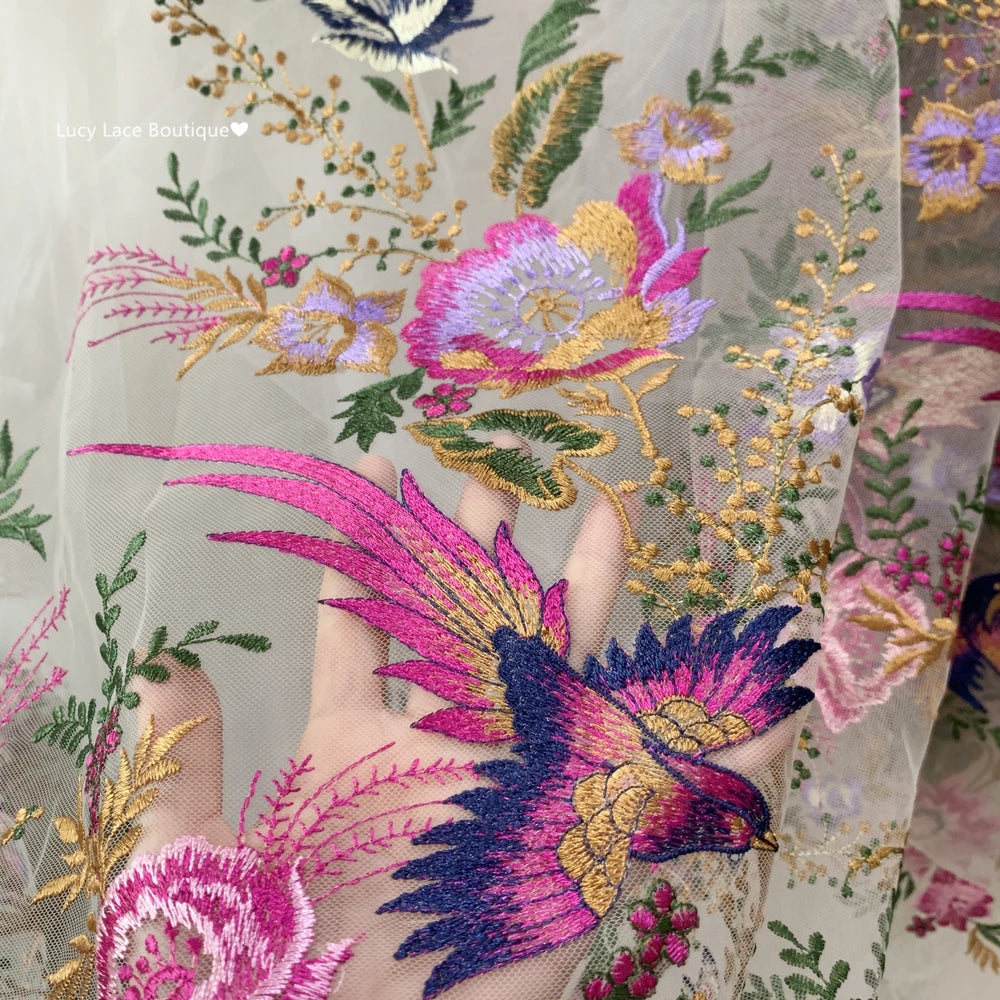 Fabric for Sewing Embroidery Birds Fabric Material for Clothes by Yard Fabric for Needlework Tulle Lace NEW 2023