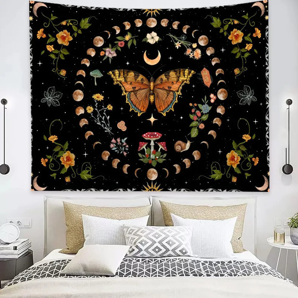 Butterflies and Moths Tapestry Black and White Flower Tapestry Wall Hanging Beach Blanket Romantic Bedroom Dorm Home Decor