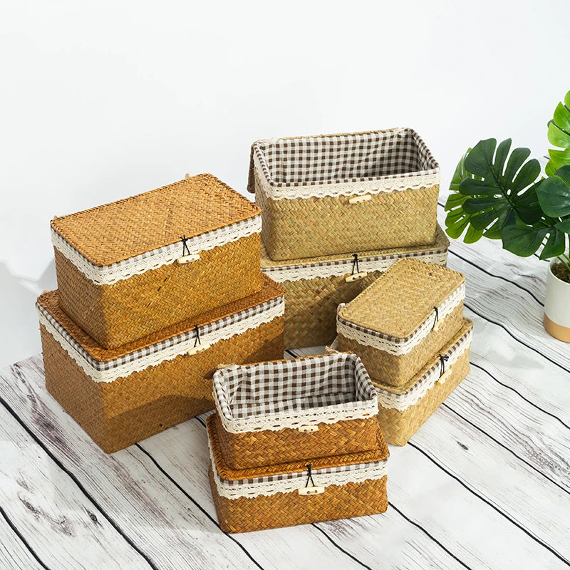 Wicker Basket with Lids Nautral Seagrass Storage Box Basket Woven Rectangular Bins Container Rattan Storage Kitchen Organizer