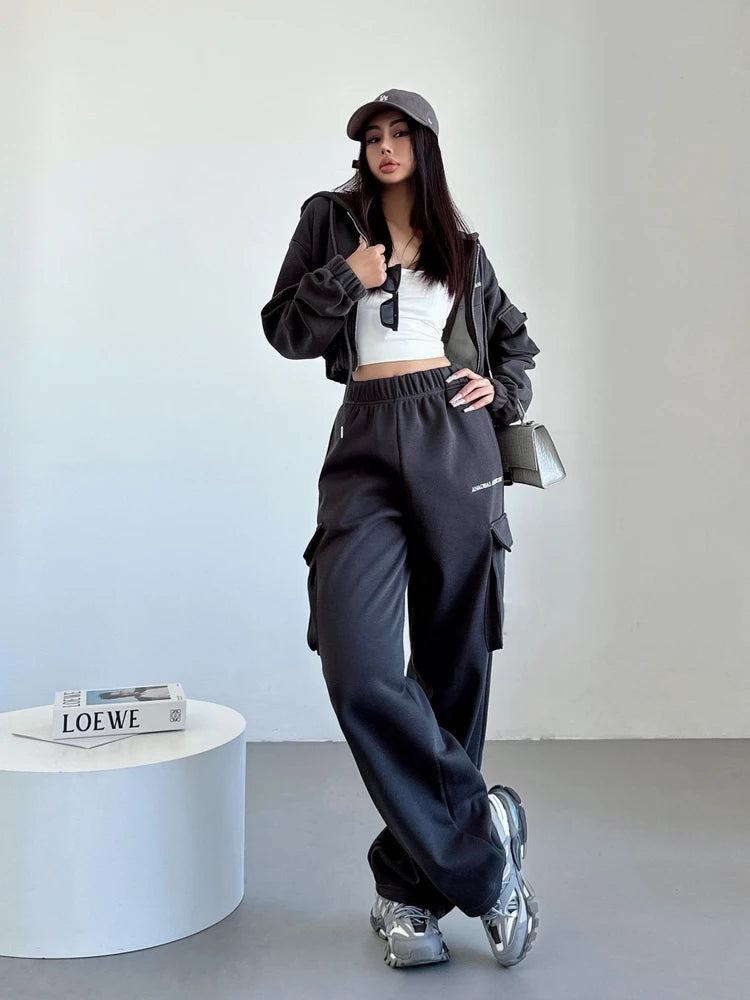 WOMENGAGA Short Zipper Sweatshirt Large Pocket Wide Leg Pants Two Piece Casual Plush Set For Winter Women Fashion Sweet 2PTB
